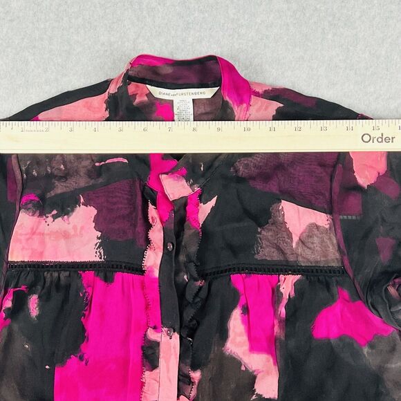 DVF Silk Blouse Womens 8 Annalise Dancing Print Button Front Pink Black - Picture 4 of 14